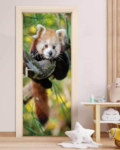 Pegatina Puerta Animales Panda Rojo Murales Puertas Autoadhesivo Pegatinas para Puertas Animales Panda Rojo Puerta Pared Mural 3D Interiores Decorativas Papel Pintado 90x210 cm m2356