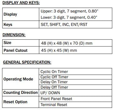 Display, Keys, Dimensions, and General Specifications for UTR-433 Timer