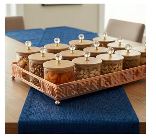 Image of Diwali Serving Dry Fruit Tray, 12 pcs Glass Container Serving Tray Set | 600 ML Each Premium Design Air-Tight Lid Copper Stand Organizer Bamboo Lid jar
