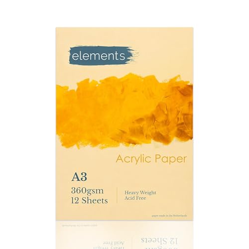 Elements A3 Acrylic Paper for Painting – 12-Sheet Acrylic Pad for Water-Based Paint, Gouache, and Inks – No Acid 360gsm (165lb) Painting Paper, Glue-Bound Artist Pad, Paint Book for Artists