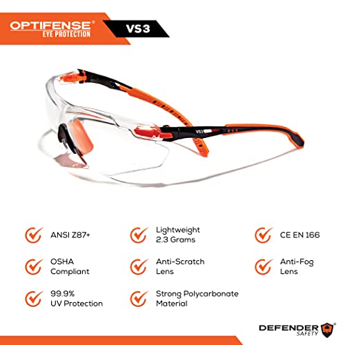 OPTIFENSE™ VS3 Anti Fog, Premium CLEAR/TINTED Safety Glasses, ANSI Z87+, (Green Frame, Clear Lens)