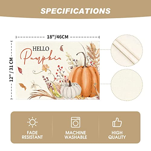 Artoid Mode Orange Hello Pumpkin Leaves Fall Placemats Set Of 4, 12X18 Inch Autumn Thanksgiving Harvest Watercolor Table Mats For Dining Party Decoration #TOP28