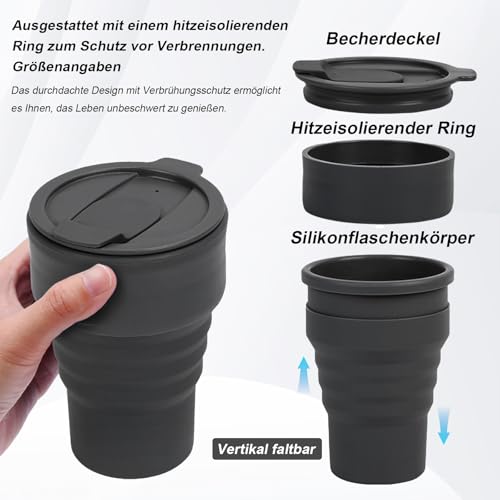 Uncle Yang Faltbarer Kaffeebecher 375ml – Zusammenklappbare Silikon Tasse BPA-frei, Auslaufsicherer Reisebecher für Büro, Outdoor, Camping, Pendler – Schwarz