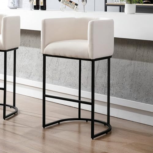 Image of HNY Cream Modern Barrel Counter Height Clearance Bar Stool, 32 Inch Linen Kitchen Barstool with Back for Island, with Black Metal Tubular Frame