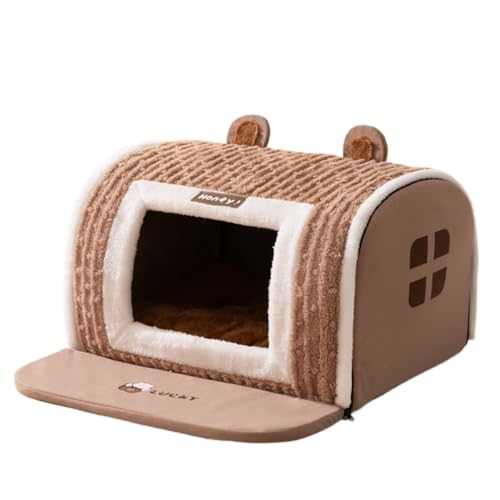 Aoasious ドッグハウス ペットハウス ドーム型 室内 秋冬 防寒 断熱 洗える クッション 収納可 猫ベッド 犬ベッド 中型犬 大型犬 S?XL ブラウン 毛布付き (洛米棕小熊,L)