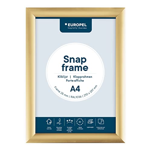 EUROPEL lightweight Snap frame A4, Profile 25x11 mm, Color gold, Anodized aluminum, anti-reflective protector, External dimensions 241x328 mm, Grey polystyrene back