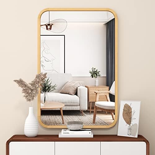 FUWU HOME Wood Bathroom Mirror for Wall 20" x 30" Farmhouse Rounded Corner Rectangle Mirror with Wooden Framed for Home Living Room Bedroom Wall Mounted Decorative Mirror (Natural Beech Wood)