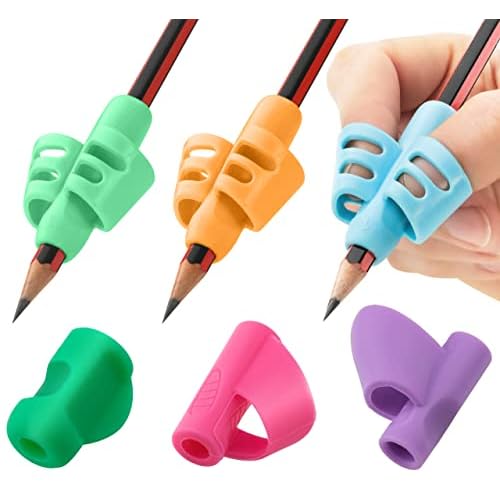 Stylo 6 Pack Pencil Grips for Children Handwriting, Multi-Color Designs, Assorted – For Left and Right Handed Children – Comfortable Writing Aid for Improving Handwriting (Multicolored)