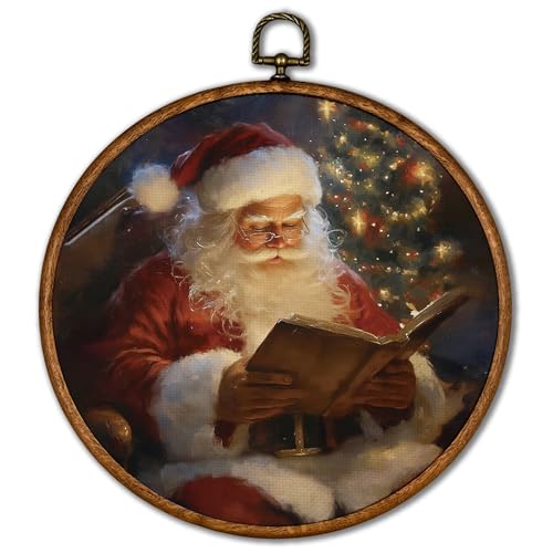 KSDUT Vintage Christmas Wall Decor Art - Retro Santa Claus Wall Art Canvas Frame Hanging Prints, Merry Christmas Xmas Holiday Round Wall Art Decor for Home Farmhouse Decorations 10"x10"