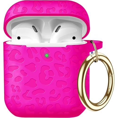 Gawnock Compatible with Airpods Case Leopard Engraved Skin Cover Compatible with Airpods 2nd/1st Charging Case,Cute Soft Silicone Full Protective, Front LED Visible, Hot Pink