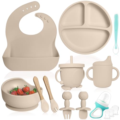 Image of Bluet B- Silicone Baby Feeding Set with Pacifier - Baby Led Weaning Supplies - Baby Spoons, Suction Bowl - Plate - Baby Utensils Set - Silicone Feeding Set for Baby First Foods - 11pcs - Beige