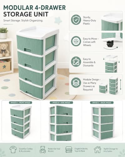 Image of Chest of Modular Drawers- use as many drawers required, Smart storage & Strong built, Easy to assemble, wheels for mobility, sturdy for daily use (Green linear-4)