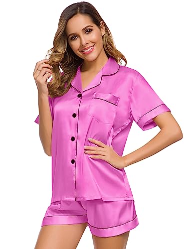 Image of SWOMOG Womens Silk Satin Pajamas Set Short Sleeve Sleepwear Button Down Top and Shorts Loungewear 2 Piece Pjs Set XS-3XL