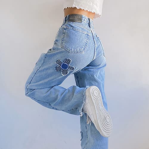 Women's Y2K Fashion Wide Leg High Waist Denim Pants Boyfriend Jeans Loose Fit Vintage Baggy Jeans For Teen Girls Flower Embroidery… #TOP3