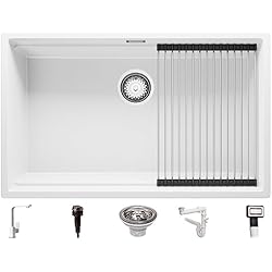 Fregadero Praga Fregadero Cocina 76x47 cm, Fregadero Granito Un Seno + Mezclador de Fregadero + enrollable escurridor + Sifón Automático, Fregadero sobre encimera Prague 80 Level Slim de Primagran, Blanco