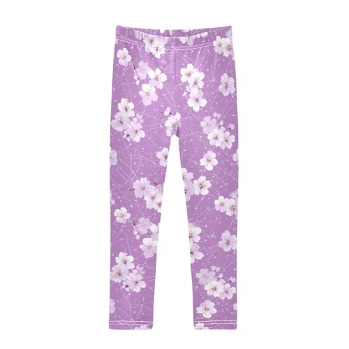 Cherry Blossom Purple Floral Girls Leggings Ultra Soft Compression Yoga Gym Pants for Kids 4-10T