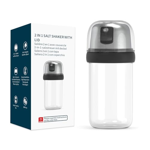 Image of KTCHENDAO 2 in 1 Glass Salt Shaker with Side Pour Spout, Built-in Lid to Slow Down Dampness with Mearsuring Marks, Elegant Borosilicate Glass Salt Dispenser for Kitchen,BPA Free,4oz (Black)