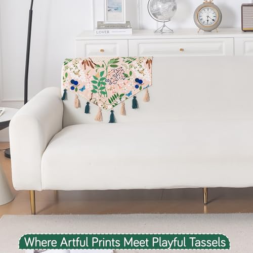Image of HOKIPO Premium Sofa Backrest Cover Mat | Printed Holland Velvet with Tassels | 'Whispers of Nature' Beige Woodland Bloom (IN-1116-D4)