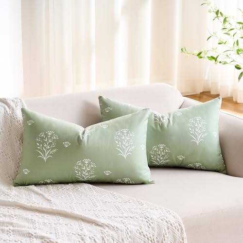Funda Cojin 30x50 cm Funda de Almohada Verde Salvia Boho Estampado Botánico Rectángulo Cojines Algodón Terciopelo Cojín para Decoración del Hogar Sofá Oficina Juego de 2