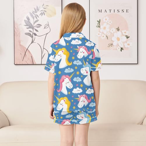 ALAZA Cute Unicorn Cloud Star Blue Satin Pajamas Set Short Sleeve Button Down Sleepwear Summer Pjs 2 Piece4