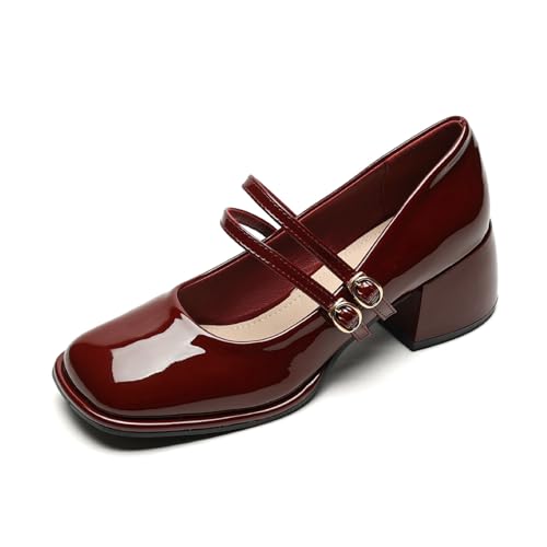 Women's Patent Leather Fashion Block Heel Mary Janes Square Toe Double Ankle Strap Dress Pumps Party Evening Cute Mary Jane Shoes