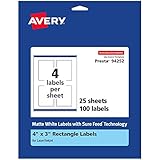 Avery Matte White Rectangle Labels with Sure Feed, 4' x 3', 100 Matte White Printable Labels