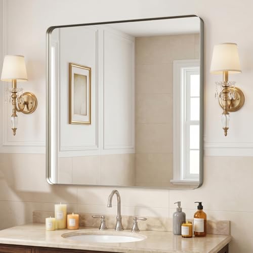 Image of 36 inchx36 inch Bathroom Vanity Mirror for Wall Aluminum Framed Farmhouse Rectangle | Anti-Rust, HD Reflection Anti-Desilvering, Distortion Free, Tempered and Shatter-Proof Wall Mounted Mirror, Brushed Nickel