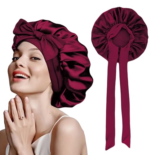 Image of Homeaura Women Silk Blend Bonnet Satin Hair Cap for Sleeping | Adjustable Tie Band Satin Bonnet Head Wrap for Curly Hair | Reusable Showercap Protection (1 pc One Size Claret), Pink