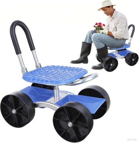 Explorinox Garden Cart Rolling Workseat with Wheels,Height Adjustable Gardening Stool for Planting,360 Degree Swivel Seat, Picking Rotary Tool Cart for Outdoor, Patio and Yard Blue