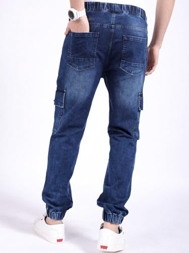 Image of The Indian Garage Co Men Regular Fit Solid Mid-Rise Stretchable Denim Cargo Joggers