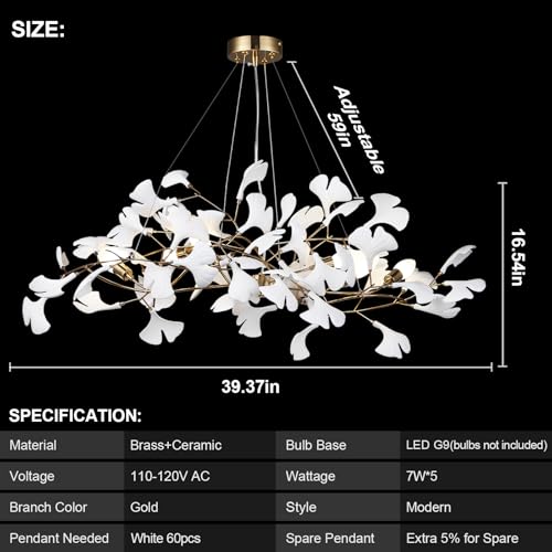 Image of Modern Chandeliers for Dining Room - 39inch Ceramic Ginkgo Leaf Chandelier Rectangle Brass Chandelier Luxury Art Deco Handing Lights Fixture for Living Room Bedroom Kitchen Island, 5-Light