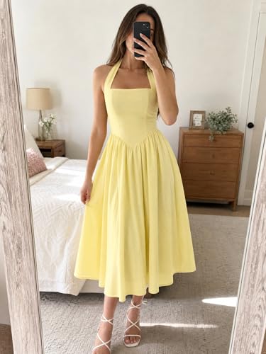 Image of Parthea Women's Floral Halter Corset Midi Dress 2026 Elegant Smocked Flowy Wedding Guest Dresses with Pockets