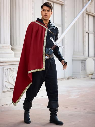 Runcati Mittelalter Umhang Herren Renaissance Halber Schulterumhang Wikinger Halloween Karneval Kostüm Cosplay LARP Vintage Mantel Cape, Weinrot, L