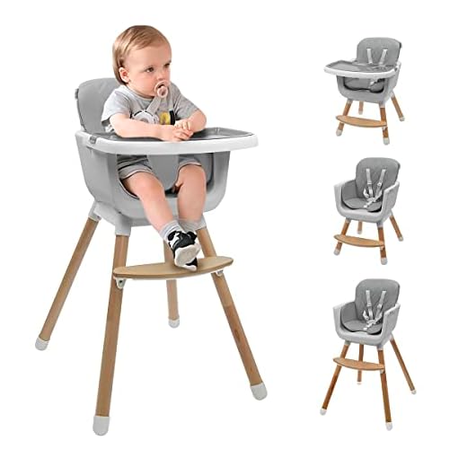 Silla Alta para Bebés, Periquera de Altura Ajustable para Alimentar, Silla de Doble Posicion, Charola Desmontable, Cuero Sintetico Facil de Limpiar (Gris)