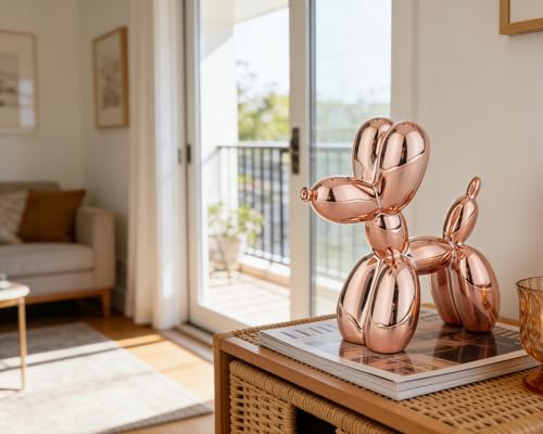 AMOIENSIS Rotgoldene Ballon-Hundestatue, Dekoration, 10,2 cm, galvanisierte Tierskulptur, kleine eklektische Dekoration für Regal und Schreibtisch