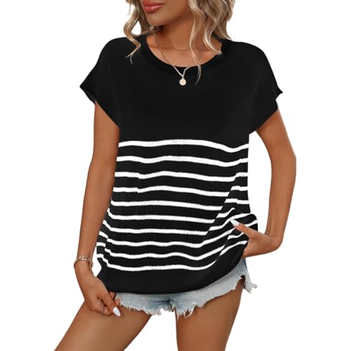 Blostirno Womens Cap Sleeve Sleeveless Sweater Summer Casual Crewneck Striped Knit Vest Loose Fit Pullover Tops