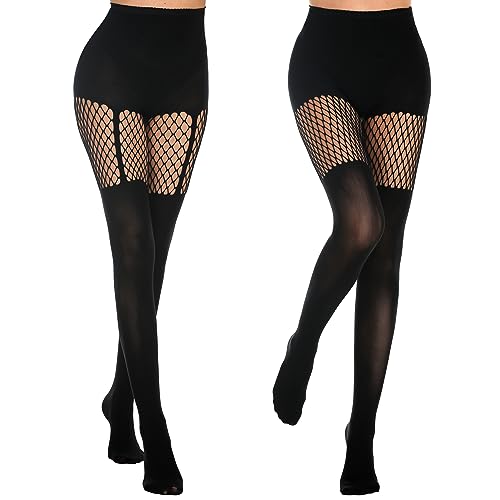 MANZI Womens Faux Thigh High Fishnet Stockings Stitching Opaque Pantyhose Mock Over the Knee Goth Striped Suspender Tights