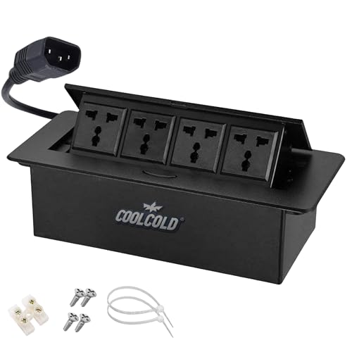 Image of COOLCOLD Hydraulic Cable Cubby Pop Up, Cable Manager Electrical Box with 4 Power Socket | Flip-Top Hidden Desk Module for Office, Home & Conference Table | Space-Saving Flush Mount Design (Black)