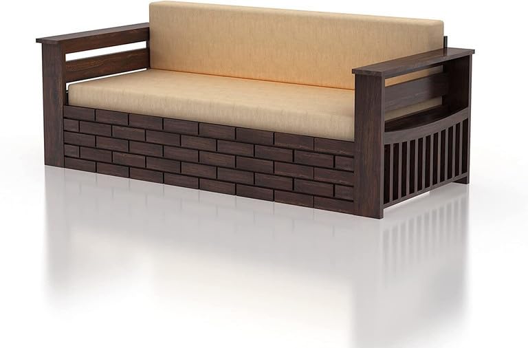 Image of Solid Sheesham Wood Sofa Cum Bed 3 Seater | Wooden Foldable Double Bed for Living Room with Headboard & Storage | Bed Cum Sofa with Mattress for Bedroom Furniture (Walnut Finish)