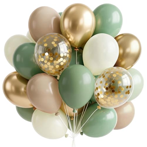PartyWoo Sage Green Balloons 66pcs 12 Inch Metallic Gold Sand White Light Brown Gold Confetti Balloons for Baby Shower Wedding Engagement Jungle Woodland Forest Birthday Party Decorations