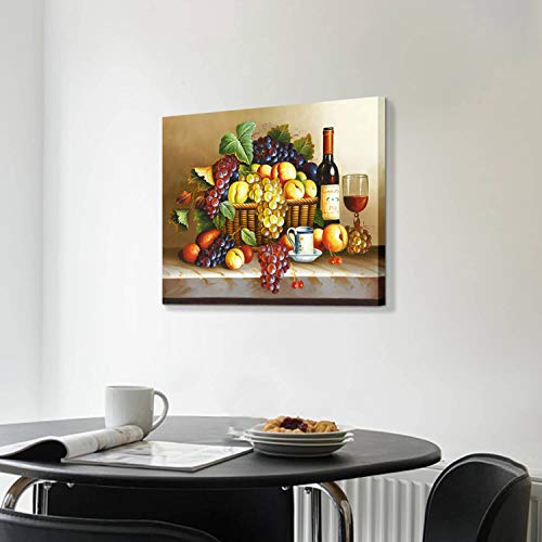 Artistic Path Vintage Wall Art Wine Pictures : Red Wine & Fruit Artwork Oil Painting On Canvas For Dining Room(24" W X 18" H, Multi-Sized) #TOP4