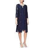 Alex Evenings Women's Midi Scoop Neck Shift Dress with Jacket (Petite and Regular), Navy Glitter, 16