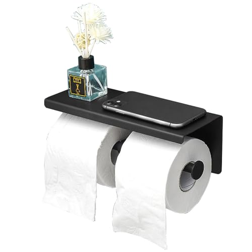 Multifunktionaler Toilettenpapierhalter mit Ablage und Handy-Aufbewahrungsregal, Wandmontage, Doppelrollen-Tücherhalter, Mattes Schwarz