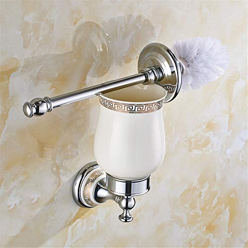 VHVCX Antique Silver Brass Ceramic Toilet Brush Holder Vintage Silver Chrome Toilet Brush Rack Mounting Bathroom Accessories