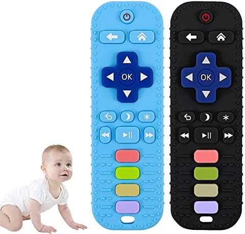 2 Pcs Remote Control Teething Toys for Baby,Teething Toys for Babies,Teethers for Babies 3-12 Months,Newborn Educational Sensory Teethers Toys Boys Girls Baby Silicone Chew Toys/Baby Thoughtful Gift (Black+Blue)(C Style)