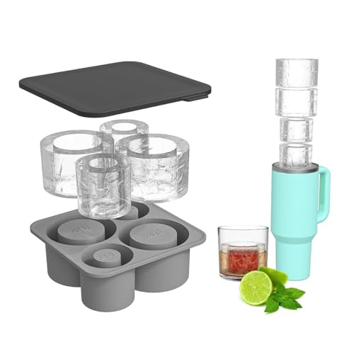 Ice Cube Tray Mold with Lid for Stanley Cup 14-40Oz Tumbler 4 Hollow Cylinder Ice Cube Molds Ice Mold with Lid and Bin for Chilling Cocktails Whiskey Drinks Coffee with Stainless Steel Clip (Gray)