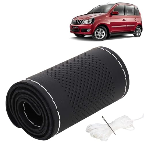 Image of KINGSWAY PU Leatherite Car Steering Cover Sewable Compatible with Mahindra Quanto (Year 2012 Onwards), Black Color with Silver Thread, Pack of 1 with Sewing Needle and Thread