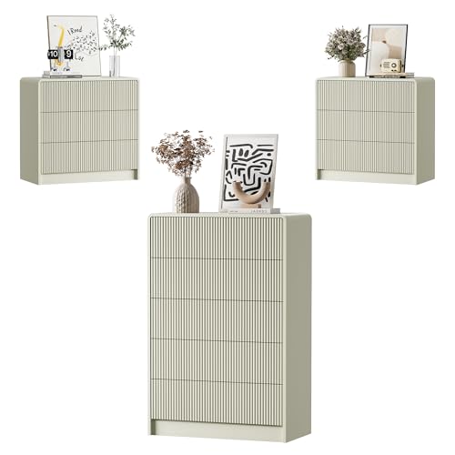 Image of Furniway Bedroom Dresser Set 3 Piece, 5 Drawer Curved Dresser with 2 Nightstands, Modern Fluted Wood Storage Cabinet, White Chest of Drawers with Pop-Up Design, Beige