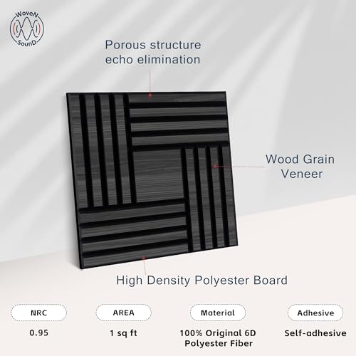 Image of WoveN SounD Acoustic Wall Panels, Black Oak, 16 Pack, 12x12 in | Self-Adhesive, NRC 0.95, Carved Pattern, Sound Proof, Echo Reduction, Sound Dampening, Home Studio, Office, Gaming Room