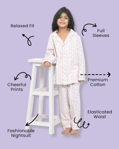 Image of Girls Premium Cotton Full Sleeves Printed Nightsuit Set | Collar Style Night Dress for Girls | Soft & Breathable Pajama Set | Trendy Kids Sleepwear & Nightwear